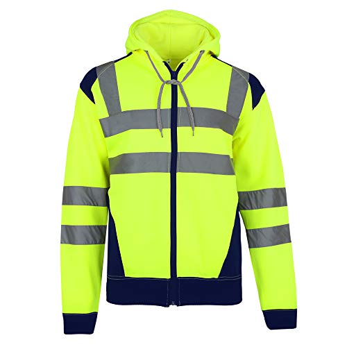 Hi Vis Viz Hoodie Zipper High Visibility Reflective Tape Band Work Fleece Safety Zip Hooded Top Jacket Warm Security Plus Sizes Small - 5XL (as8, alpha, one_size, regular, regular, Yellow, L)
