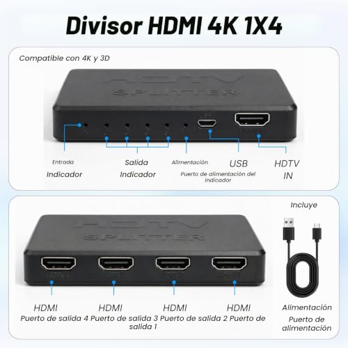 Miniatura 3 de Splitter Hdmi 1x4 4k, Duplicador Hdmi 1 Entrada 4 Salidas, Soporta Hdr 3d Edid Hdcp, Duplicación De Pantalla Sincronizada, Para Tv, Monitor Y Proyector, Compatible Full Hd 1080p