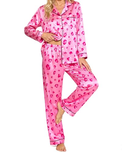 BiueLetter Womens Satin Pajama Set 2 Piece Silk Long Sleeve Pjs Soft Button Down Loungewear Sleepwear Pink Leopard