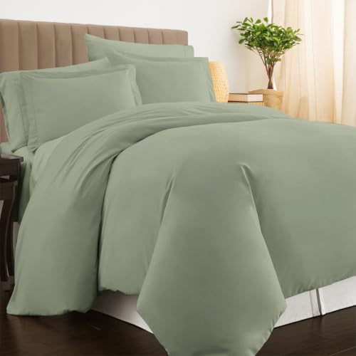Pizuna Luxury Cotton Duvet Cover Set Queen Size 220x230 cm Light Sage, 800 Thread Count Comfy Breathable 100% Long Staple Cotton Sateen Weave Duvet Cover Set & 2 Pillowcases (Light Sage Bedding Set)