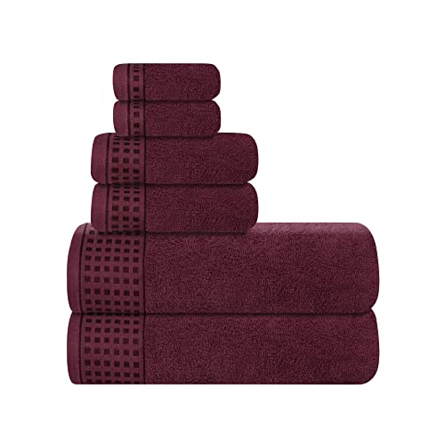 GLAMBURG 100% Cotton Ultra Soft 6 Pack Towel Set Contains 2 Bath Towels 28x55 Inches 2 Hand Towels 16x24 Inches & 2 Wash Coths 12x12 Inches Compact Absorbent Lightweight & Quickdry - Burgundy