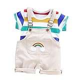YWLINK Verano Al Aire Libre Mezcla De Algodon Manga Corta Rayas Arcoiris Camiseta +Babero Arcoiris Pantalones Cortos Traje De 2 Piezas Regalo Blanco, Amarillo, Azul, Café 6 Meses-3AñOs