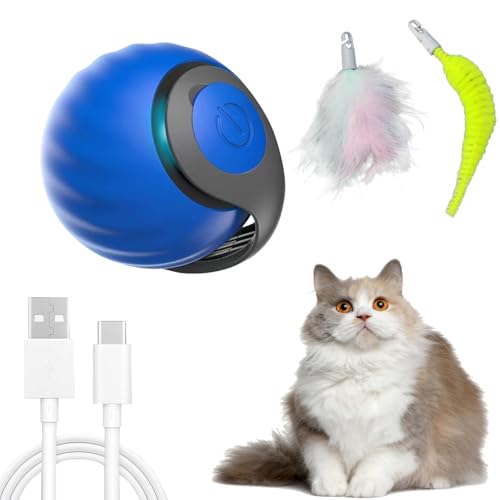 Oiuyamn Interactive Cat Toy Ball, Automatic Moving Cats Ball Toy with Feather, Indoor Smart Cat Toys, Motorised Cats Balls Toy for Chasing & Hunting