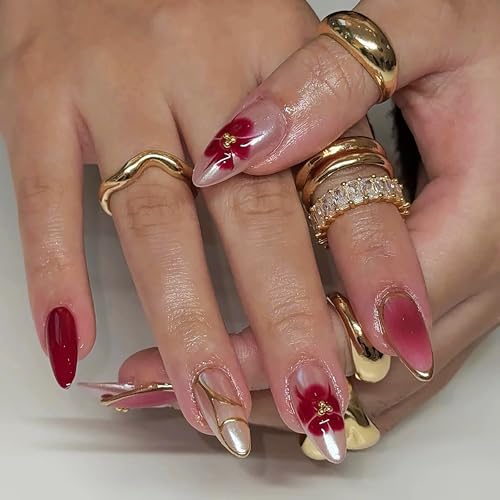 BABALAL Press on Nails Red Fake Nails Medium Almond Glue ons White Chrome Design Acrylic Flower Supplies Luxury Trendy Full Cover Glossy Gel Nails for Women Girls