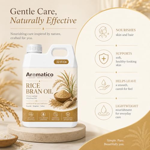 Image of AROMATICO Rice Bran Oil for Skin, Hair and Body Care, Multipurpose Carrier Oil for Massage, Scalp Care, Dry Skin Routine, DIY Beauty and Natural Glow - 946 ml