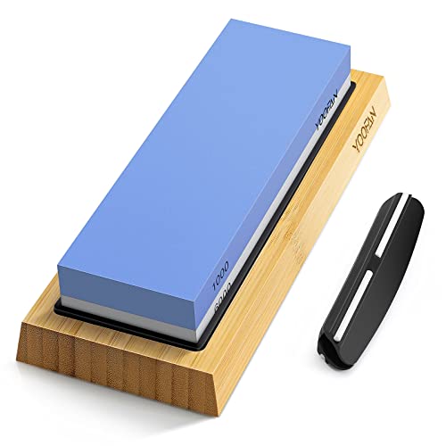 YOOFAN Schleifstein - Abziehstein für Professionell 2-in-1 Doppelseitiger Messerschärfer, Körnung 1000/6000 Wasser Schleifstein, Schleifstein Messer mit Rutschfestem Silikonhalter für Küche Messer Cover