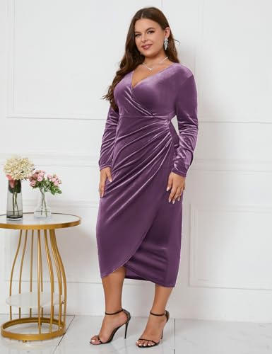 Image of ZOMVA Plus Size Velvet Wrap Dress Ruched Bodycon Dress Long Sleeves Ruffle Long Elegant Party Wedding Guest Cocktail Holiday