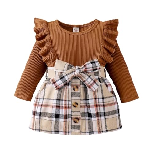 Image of Noubeau Toddler Baby Girls Plaid Outfits Knit Ribbed Sweatshirt Shirt Tops Red Plaid Belt Skirt Fall Winter Clothes