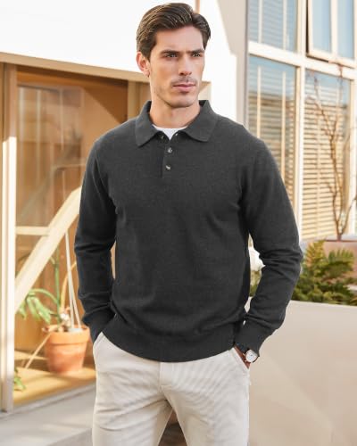 Image of Kallspin Mens 100% Cotton Polo Sweater Long Sleeve Button Down Knit Pullover Relaxed Fit Collared Casual Tops