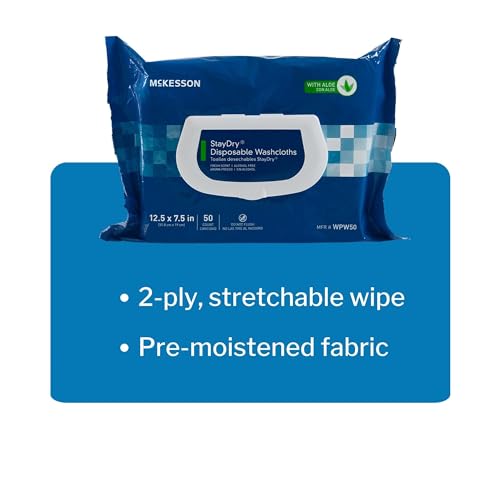 Image of McKesson StayDry Pre-Moistened Disposable Wipe - Large Adult Body and Incontinence Washcloths with Aloe and Vitamin E, Alcohol-Free, 50 Wipes Per Pack
