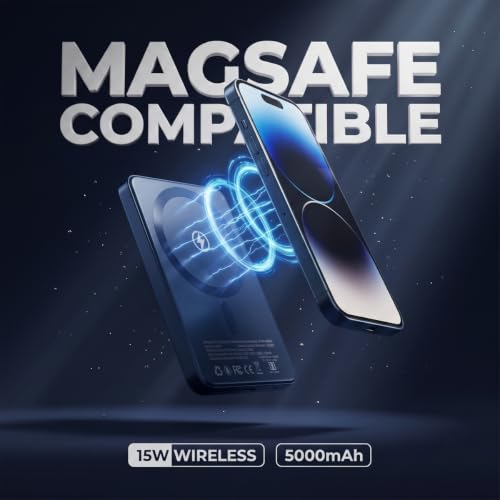 Image of Muvtech Aeroslim 5000mAh Slimmest Magnetic Wireless Power Bank, Metal Body, Ultra Slim Mini Pocket Size, 20W Fast Charging, Type-C in /Out for iPhone, Samsung & Pixel