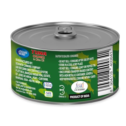 Ocean Secrets | Canned Tuna Fish | Balanced Nutrition | Light Taste | Tuna in Olive Oil with Water | Premium Cuts Ready to Eat | 180gm | Pack of 1