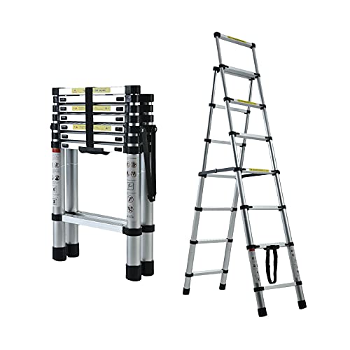 2M+2.3M Multi-Purpose Aluminum Telescopic Extension Ladder - 6+7 Steps Herringbone Ladder for DIY Painting/Housework/Office