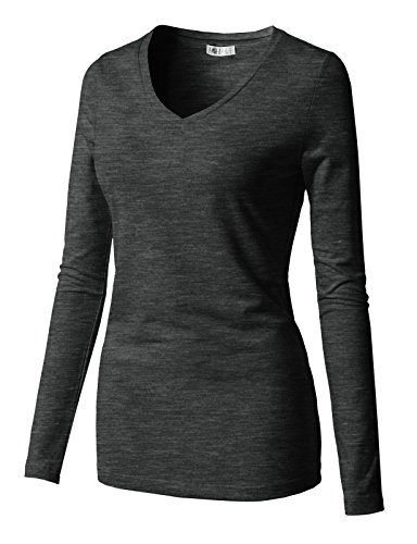 H2H Women Basic Fitted Soft Lightweight Long Sleeve Deep V Neck T Shirt Tee Charcoal US L/Asia L (CWTTL0250)