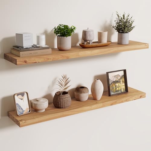 Image of Floating Shelves for Wall, 40in Reclaimed Elm Wood Shelves, Natural, 2PCs | 8in Deep Rustic Solid Elm Wood Wall Shelves for Storage, Wall Mounted, Invisible Metal Bracket