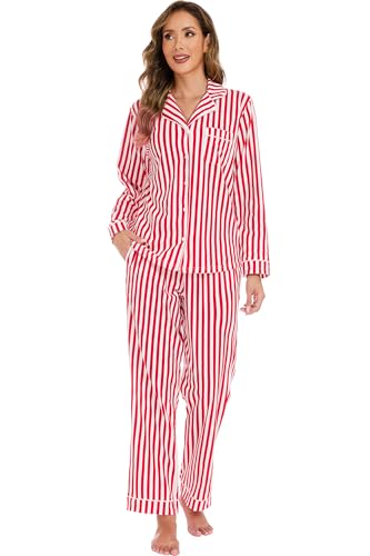 Image of LUBOT 100% Cotton Pajamas for Women 2 Piece PJ Set Button Down Long Sleeve Soft Comfy with Pockets Printed Patterned Sleepwear Loungewear (Red Stripe, XS)