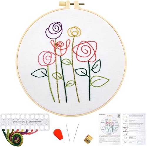 Image of Easy Flower Embroidery Kits for Beginners Adults, Minimalism Embroidery Starter Kits, Counted Cross Stitch Kits for Beginners Adults Hobbies Set for Women, Embroidery Hoops, Thread and Video Tutorial