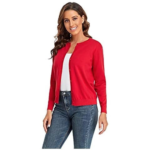CUNYI Women’s Cardigan Sweater Long Sleeve Classic Crew Neck Ladies Coat with Buttons Casual Elegant Outerwear, Red M Cover