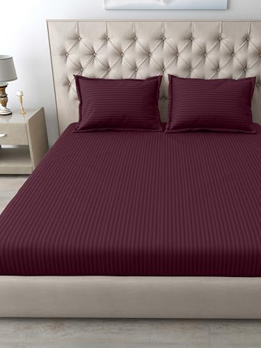 Image of Mafatlal Italian Strip King Size Bed Sheet with 2 Pillow Covers Pure Cotton | 210 TC Flat Bedsheet Red | 108 x 108 Inches | Luxury & Breathable Fabric