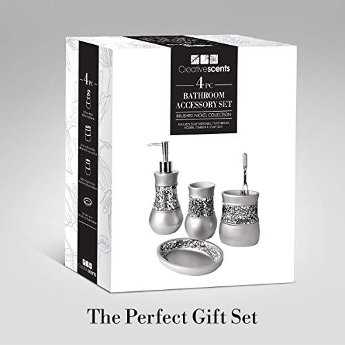 Image of Silver Mosaic Bathroom Accessory Set Complete 4 Pc. Crackled Glass