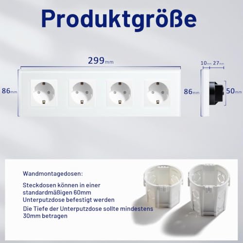 BSEED Schuko Steckdose Kristallglas Platte 4 Fach Steckdose 16Amp AC Power 240V Verlängerungssteckdosen 299mm Wandsteckdose Weiß – Ansicht 4