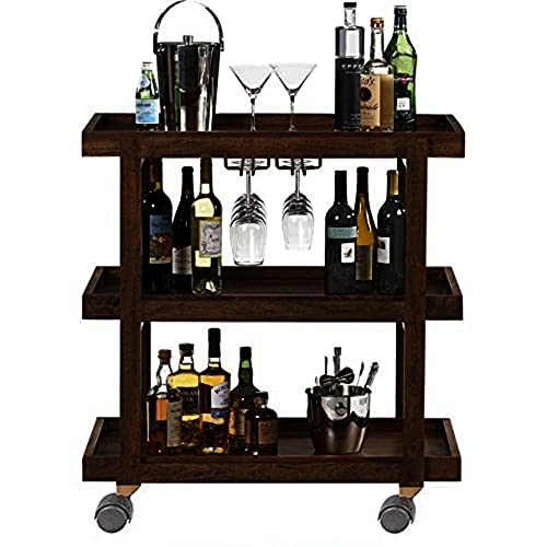 Image of 3-Tier Solid Wood Rolling Bar Cart, Wine Serving Cart with Wheels and Seasoning Rack, Ideal for Dining Room Trolley (3 Tier, Brown Polish) (Style 9)