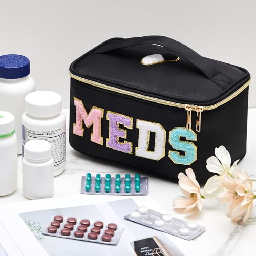 Geetery Clear Makeup Bag Chenille Letter Meds Bag Travel Cases Preppy Patch with Zipper, Portable Cosmetic Toiletry Storage case for Women(Meds,Black)2