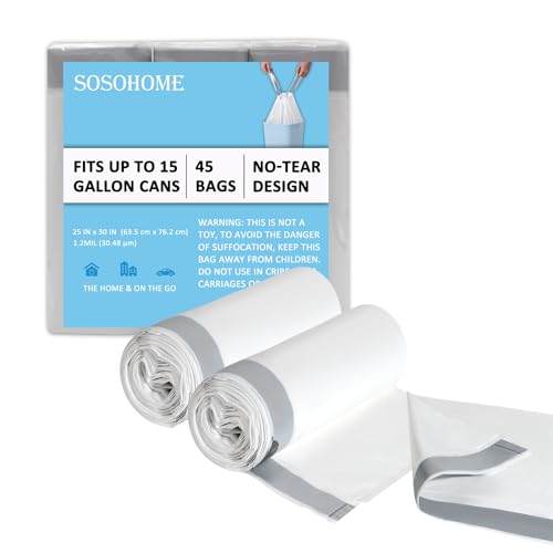 15 Gallon Tall Kitchen Trash Bags Drawstring - 1.2 Mil Thick White Garbage Bag for Office Kitchen 45 Count