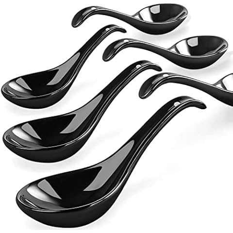Wareland Soup Spoons, Black Ceramic Spoons Set of 6, Chinese Soup Spoons, 6.75 inch Ramen Spoons, Pho Spoons for Cereal, Noodles, Stews, Wonton, Dumpling, Miso, Deep Oval Hook Design, Dishwasher Safe Cover