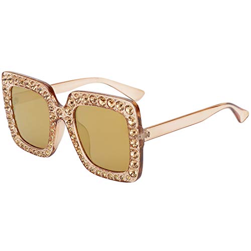 MEETSUN Sunglasses For Women Oversized Square Luxury Crystal Frame Fashion Glasses Yellow Gold Lens
