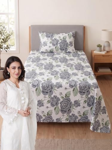 Image of Mafatlal 144 TC Fern Single Bed Bedsheet 90 x 60 Inch | Elegant Printed Bedroom Sheet | Soft Comfortable Fabric | Everyday Home Bedding | Easy Care Bed Cover | Pillow Cover Included|Pewter Gray