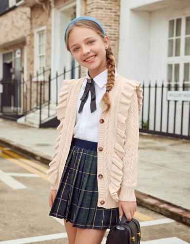 Image of Arshiner Girls Cardigan Sweaters Ruffle School Uniform Sweater V Neck Button Front Outerwear 4-13 Years