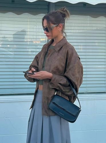 Women's Faux Leather Jacket Zip Up Short Fitted Slim Coat Bomber Jacket Women4