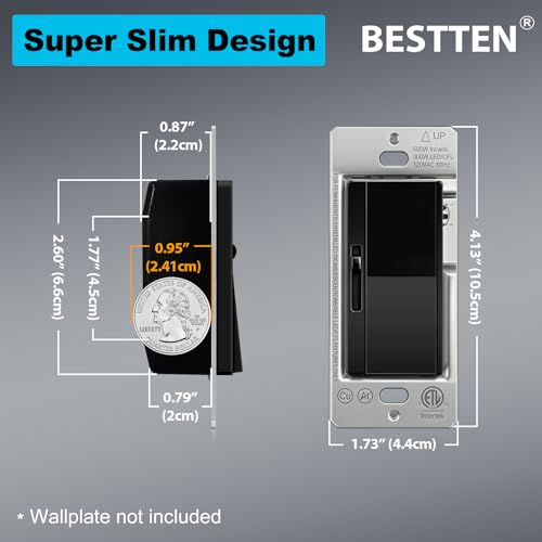 Image of BESTTEN 3 Pack Slide Dimmer Light Switch, Quiet Rocker, Super Slim Single Pole or 3 Way Dimmable Switch, Max 300W LED, CFL, 600W Incandescent, ETL Listed, Black