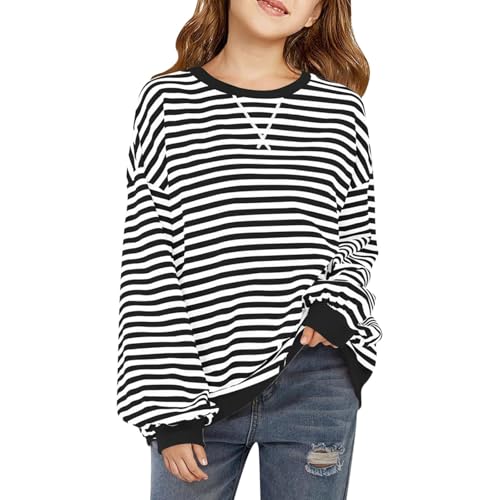 Long Sleeve Shirts For Girls Trendy Crewneck Stripes Graphic Tops Teen Girls Oversized Y2K Spring Outfits 6-14 Years2