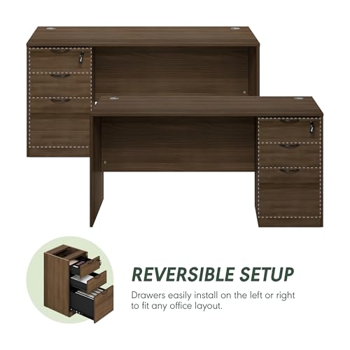 Image of Furinno Roger 60 Inch Executive Desk with File Cabinet, Home Office Desk with 3-Drawer Fixed Pedestal Filing Cabinet, Desk Cord Grommet, for Home Office, Modern Walnut