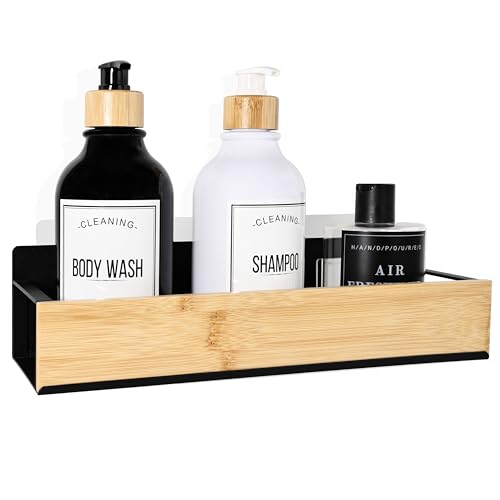 OKOMATCH Bathroom Shelves,Wall Mounted Floating Shelf,Over Toilet Storage Shelf,Metal Bamboo Wall Shelves,Home Storage Organizer Essentials for Bathroom/Living Room/Kitchen/Bedroom(Black)