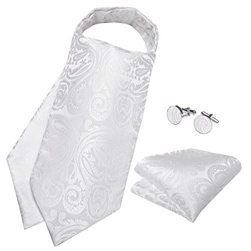 Image of DiBanGu Mens Silk Ascot Ties Paisley Jacquard Woven Cravat and Pocket Square Cufflinks with Lapel Pin for Business Wedding