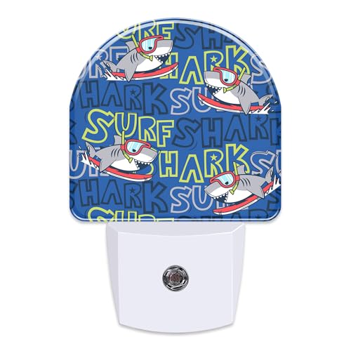 Image of Cartoon Surfing Sharks Night Light, Cool Cute Shark Dusk to Dawn Night Light Plug in,0.5w Energy Saving Sleep Friendly Nightlights for Kids Boys Girls Home Decor
