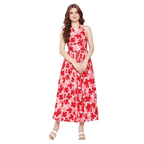 Image of AMARK Women Pink and Red Halter Neck Floral Dress