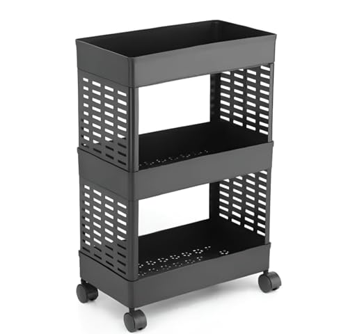 Image of Plastic Storage Rack Trolley with Wheels, 3 Layer Multipurpose Organizer Shelf for Kitchen, Bathroom & Bedroom, Open Storage Cart for Fruits, Vegetables, Toiletries, Snacks (Casual 3-Layer)