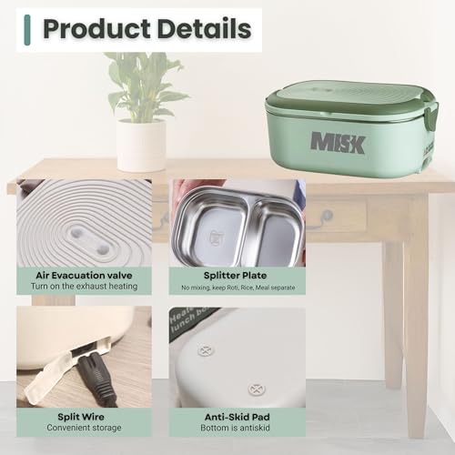 Image of MISK Electric Heating Lunch Box, 1200 ML Capacity, Portable Stainless Steel Food Warmer for Office, Work, Travel use| Radiation Free | Plug and Heat | hot Meal Tiffin Box