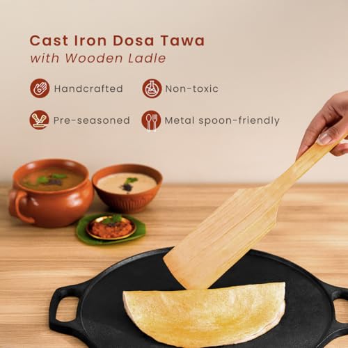 Image of Cast Iron Dosa Tawa 12 Inch with Wooden Ladle, Pre-Seasoned, Naturally Non-Stick, 100% Pure & Toxin-Free, No Chemical Coating, Ideal for Cooking Dosa, Uttapam, Roti, Paratha, Pancakes
