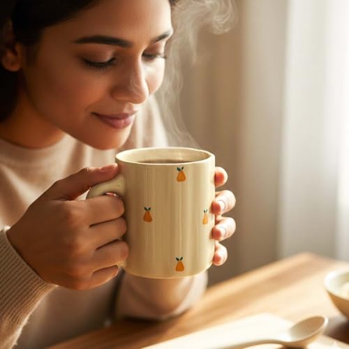 Image of The Earth Store Cream Pear Coffee Mug - 300ML Ceramic Coffee Mugs Set of 4 | Microwave & Dishwasher Safe Mugs for Gift | Home | Office | Restaurant | Daily Use