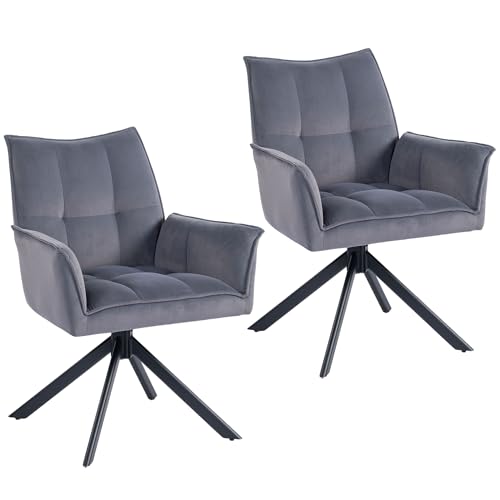 HOMCOM Juego de 2 Sillas de Comedor Giratorias 360°, Sillas de Cocina con Reposabrazos, Respaldo Acolchado, Tapizado en Terciopelo, Patas de Acero, para Oficina, Conferencia, Sala de Estar, Gris