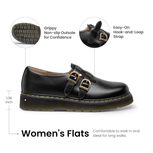 Image of Athlefit Women's Mary Jane Flats Platform Round Toe Comfortable Dressy Adjustable School Office Work Flat Shoes