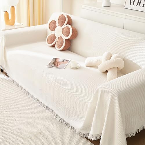 FANSU Telo Copridivano 1 2 3 4 Posti, Copriletto Matrimoniale Multiuso Copritutto, Elegante Coperta Copridivano Antiscivolo Reversibile Coperta Decorativa per Divano (Bianco,90 * 180cm)