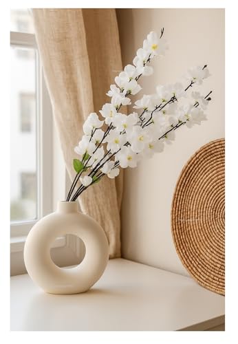Image of SPHINX Ceramic Vase with Artificial Flowers| Flower Vase Pot for Home Decor,Living Room,Dining Table & Office|Modern for Decoration, (Donut with 1 Cherry Blossom Assorted White OR Yellow)