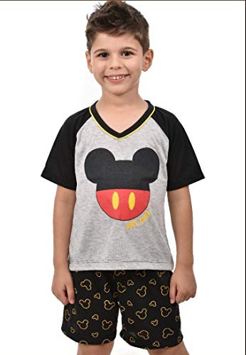 Pijama Curto 4 Estações Mickey Infantil Masculino Criança (8, Cinza c/preto)