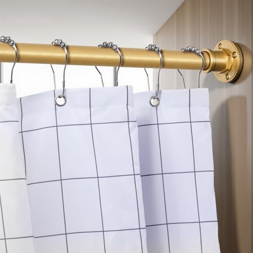 Image of BRIOFOX Industrial Shower Curtain Rod - 2-in-1 Design Tension Curtain Rod - Rustproof Non-Slip 43 to 72 Inch Metal Steel, Frosted Gold Painted Window Curtain Rod